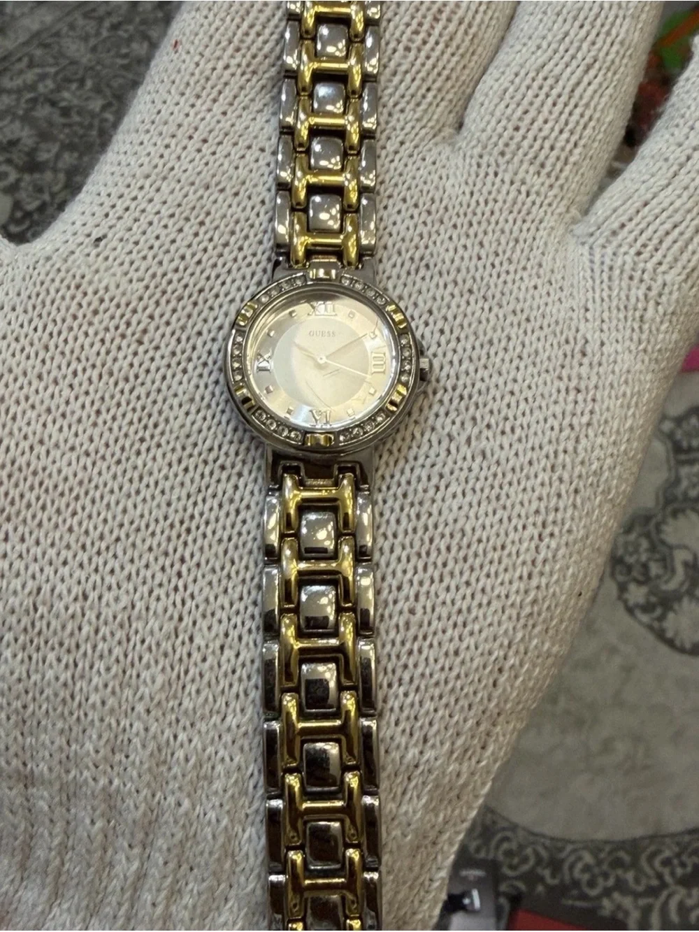 Guess Womens Watch G75479L Two Tone Silver Gold Crystal Bezel Roman Numeral
